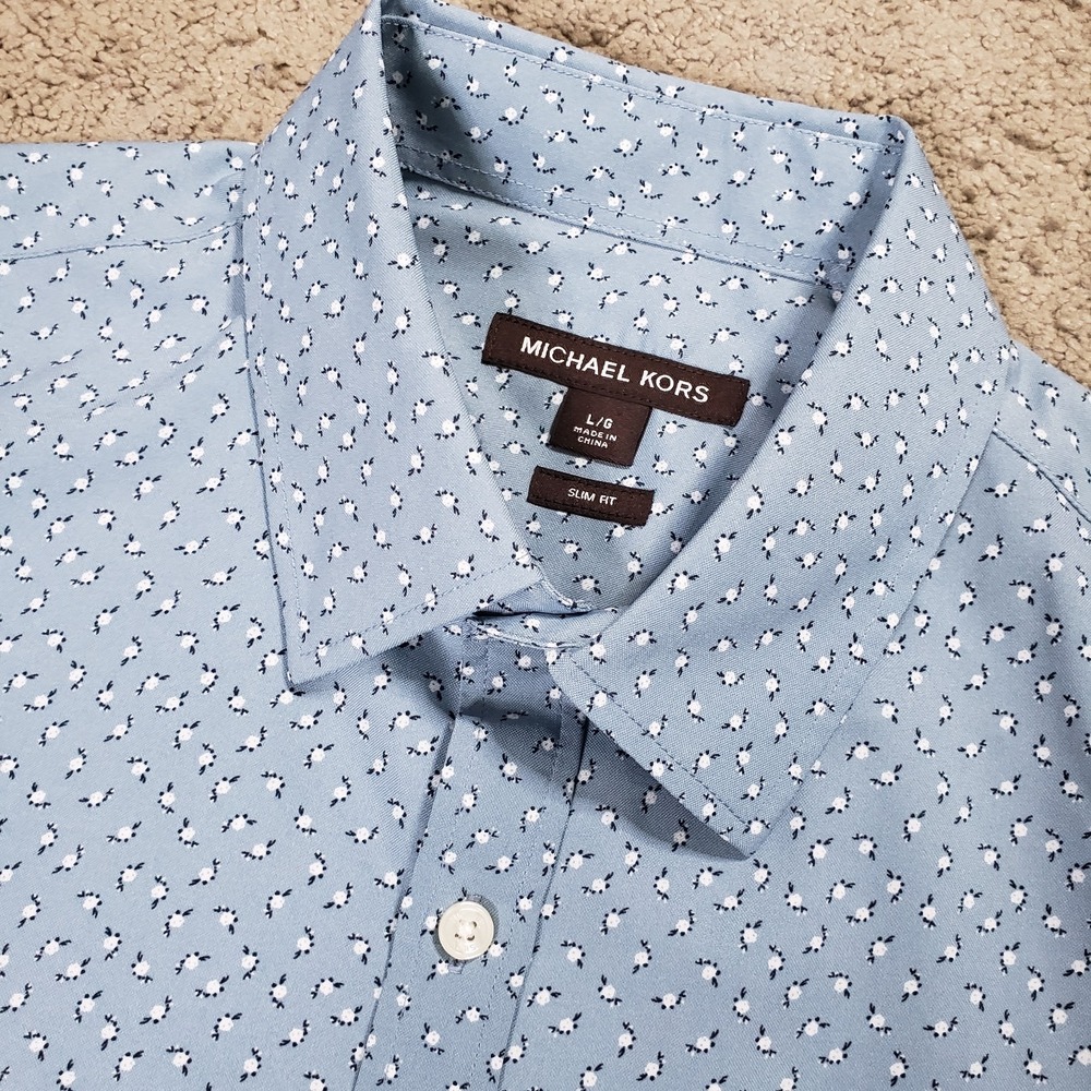 Michael Kors Shirt Men L Slim Blue Geometric Floral S/S Performance Button Up